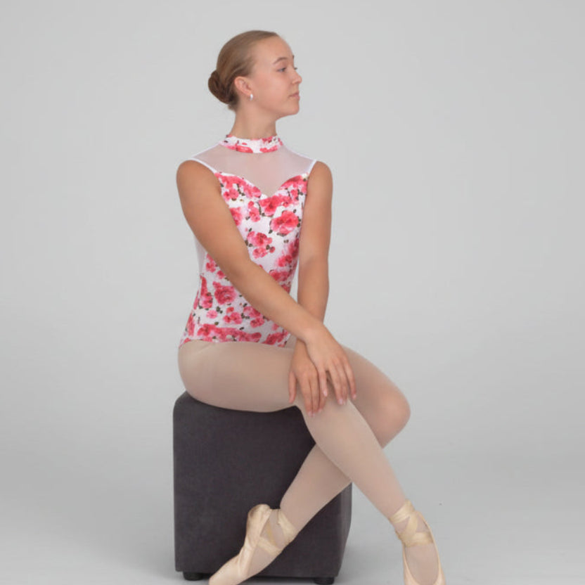 Ballerina in beautiful floral high neck open back leotard 